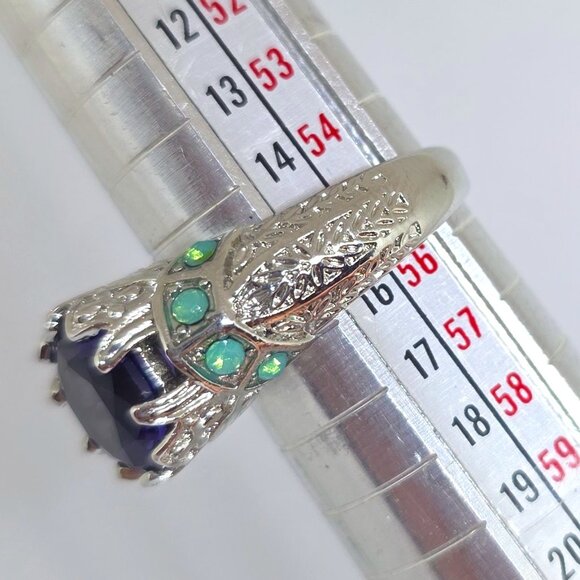 Faux Purple Amethyst Green Opal Filigree Silver Cocktail Ring Marked 925 SZ 7.25 - Picture 12 of 13